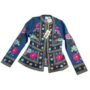 NWT Savanna Jane Boho Embroidered Feather Floral Denim Jacket Womens Size Small